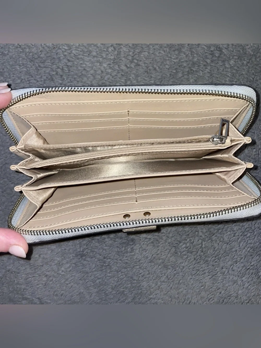 GUESS Light Gray Logo Zip-Around Wallet with Pale Pink Strap